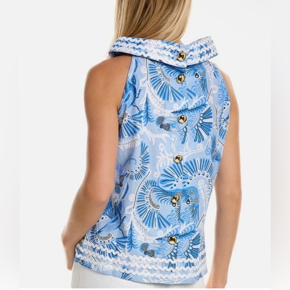 CK Bradley x Sail to Sable Sleeveless Blouse S Blue White Cotton Button Back - Picture 3 of 9